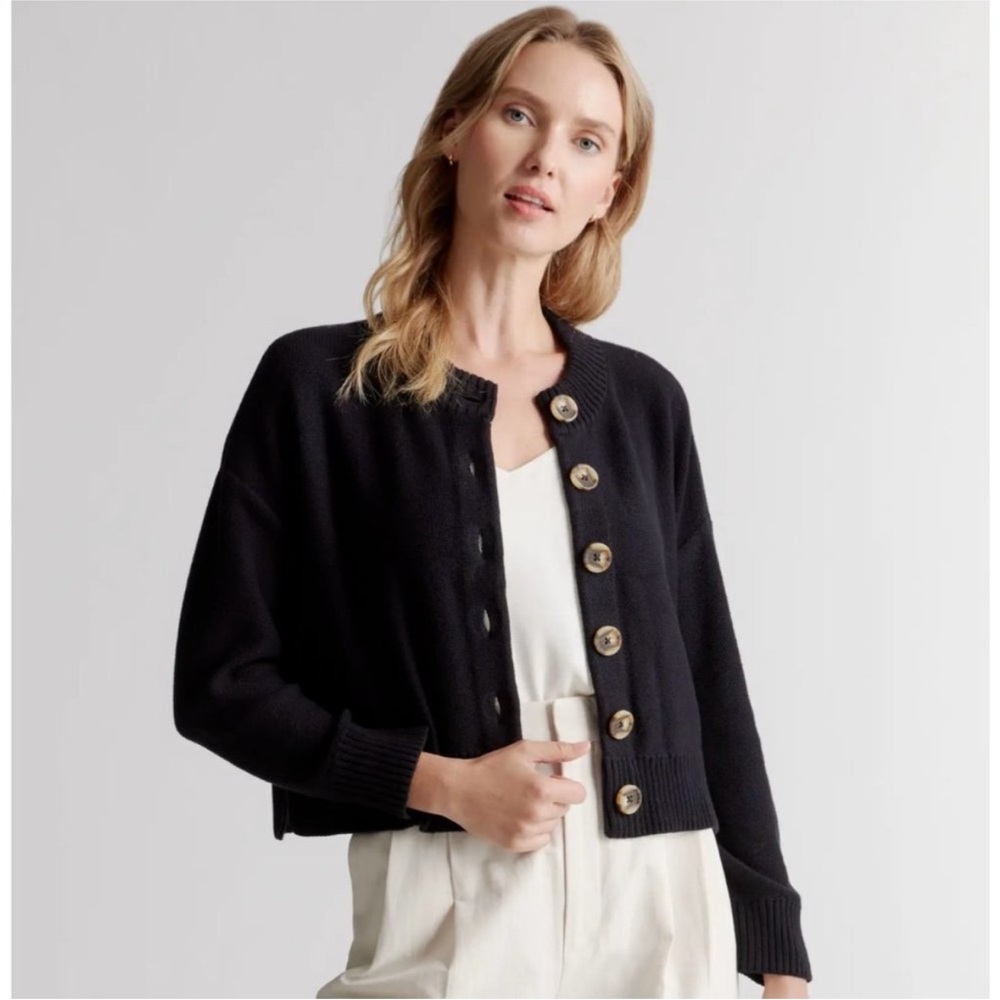 Quince Women's Black Cropped Cardigan sz L 100% Organic Cotton Button Front NWT